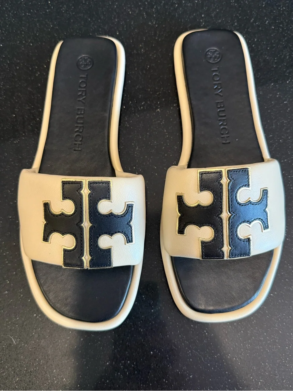 Tory Burch Cream and Black Logo Slide Sandals